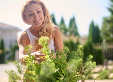 Gardening. Young smiling woman in the garden dealing with flowers